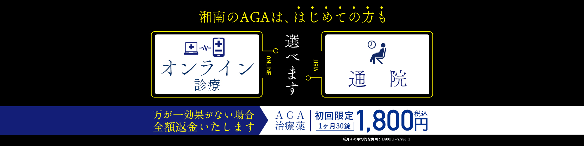 湘南のAGAは全額返金制度あり。AGA治療薬初回限定1ヶ月1,800円 万が一効果がない場合は全額返金いたします。